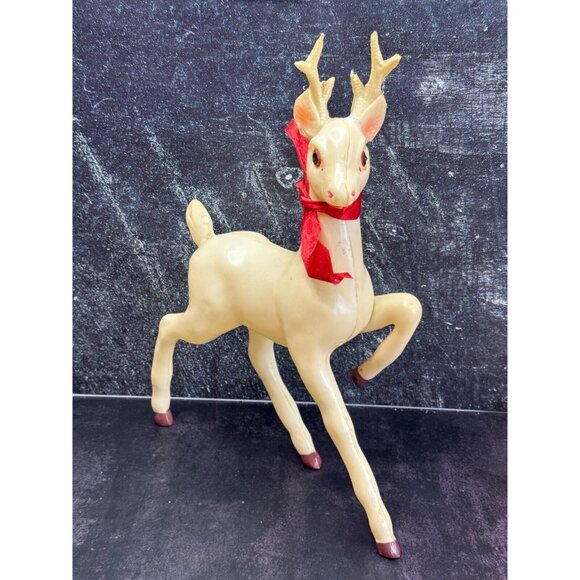 Vintage Large White Plastic Prancing Reindeer Pink Ears Mouth Midcentury 12" - Picture 1 of 12